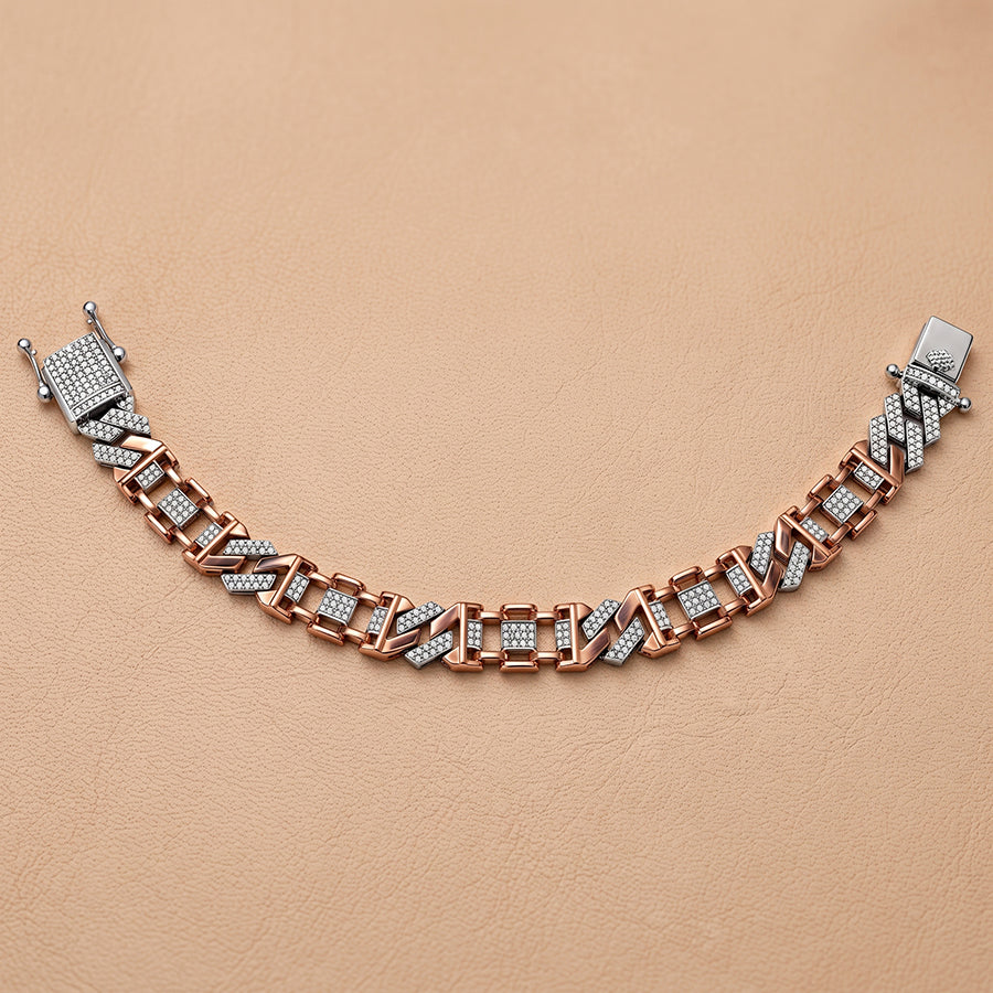 Silver and Rose Gold Pave Box Link Mens Bracelet