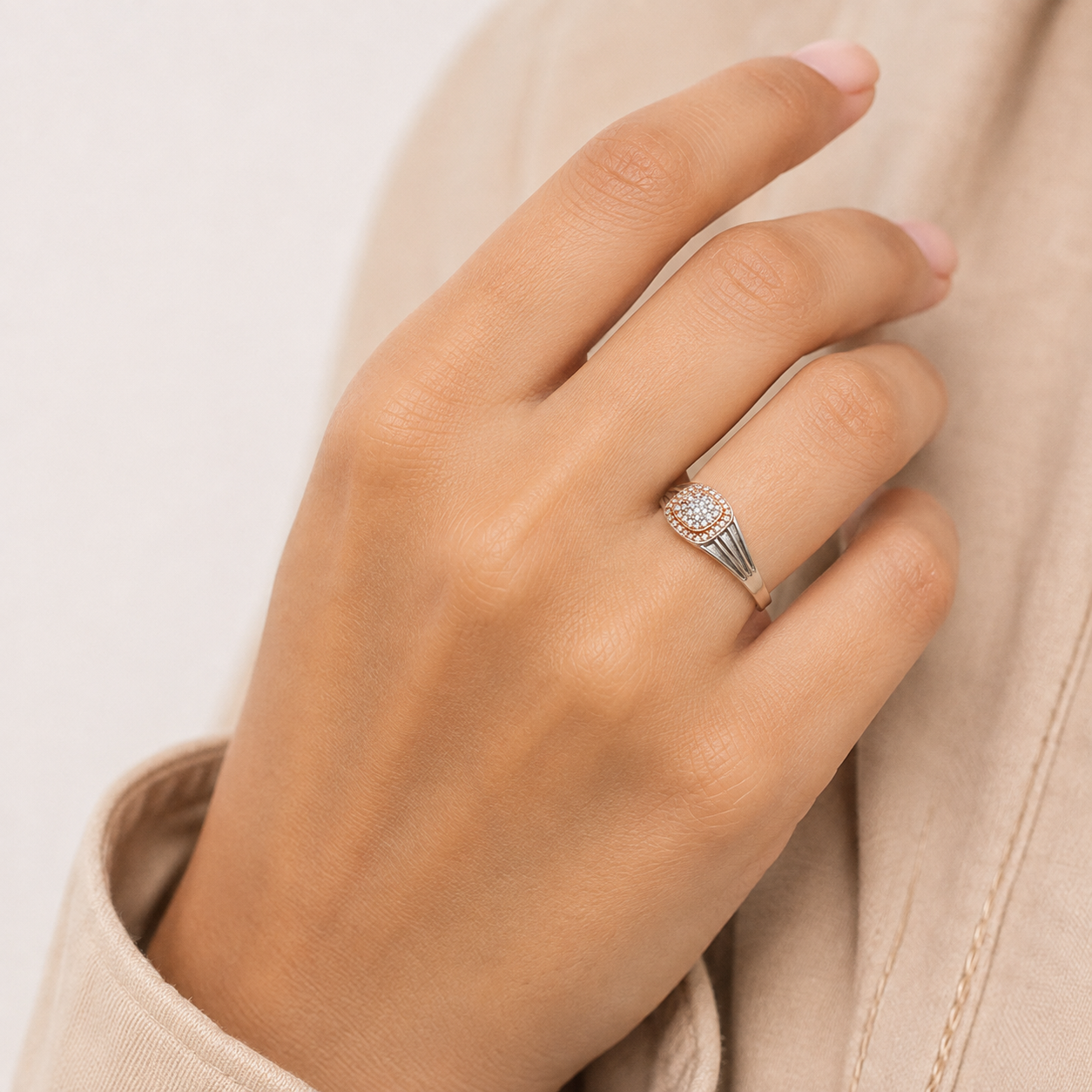 Silver and Rose Gold Pave Signet Ring