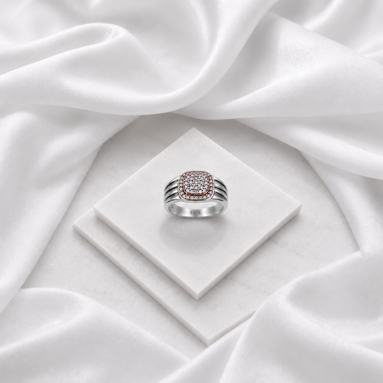 Silver and Rose Gold Pave Signet Ring