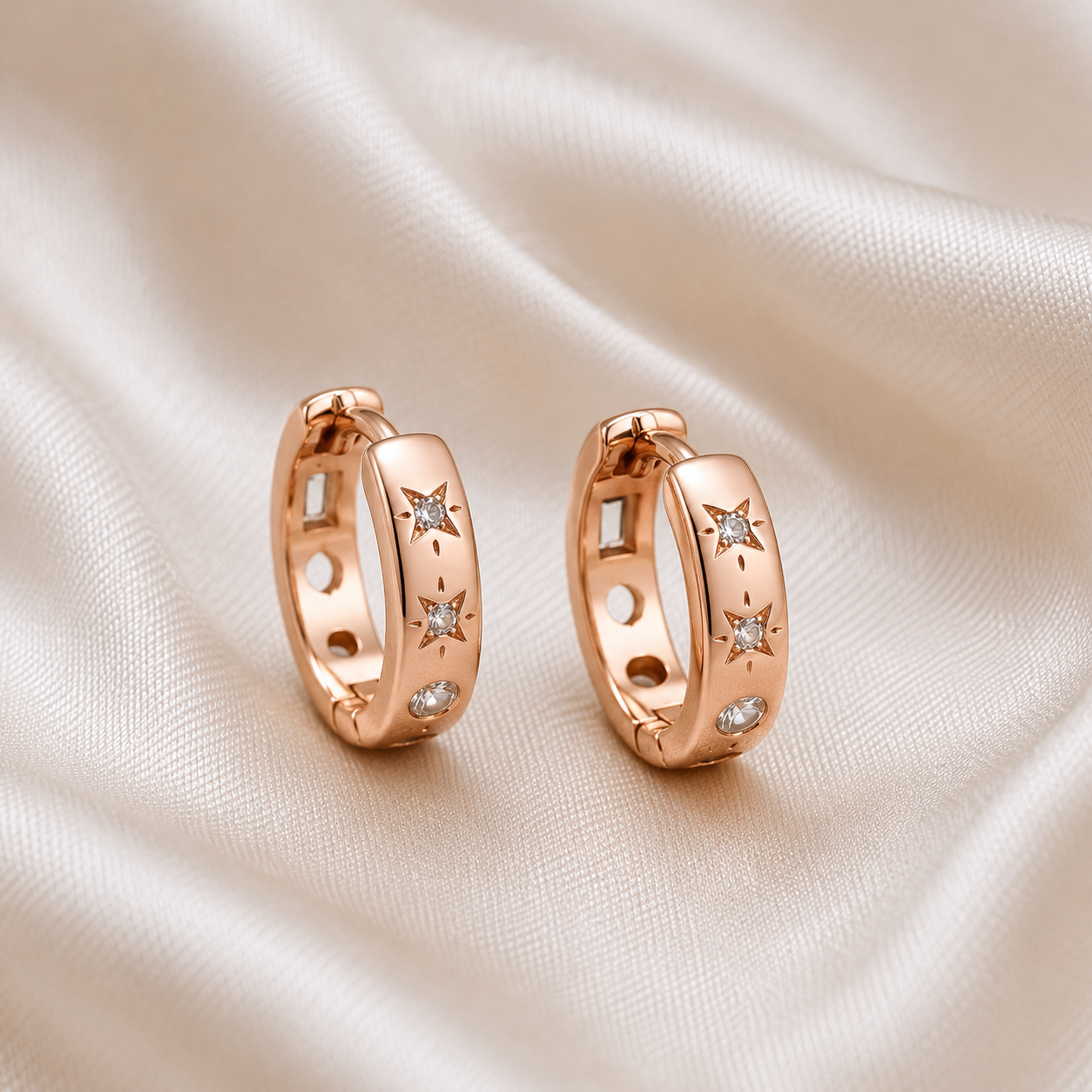 Silver and Rose Gold Star Huggie Earrings_02