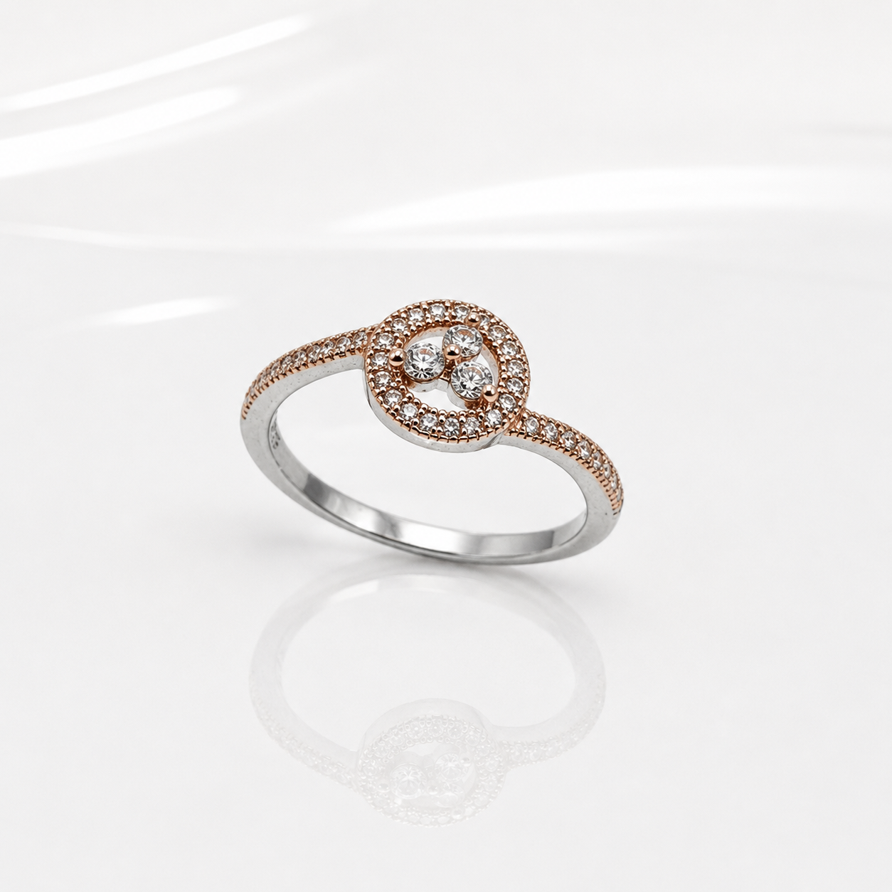 Silver and Rose Gold Swirl Halo Ring