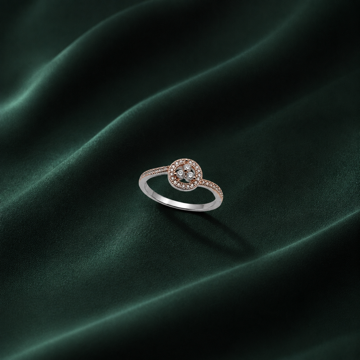 Silver and Rose Gold Swirl Halo Ring