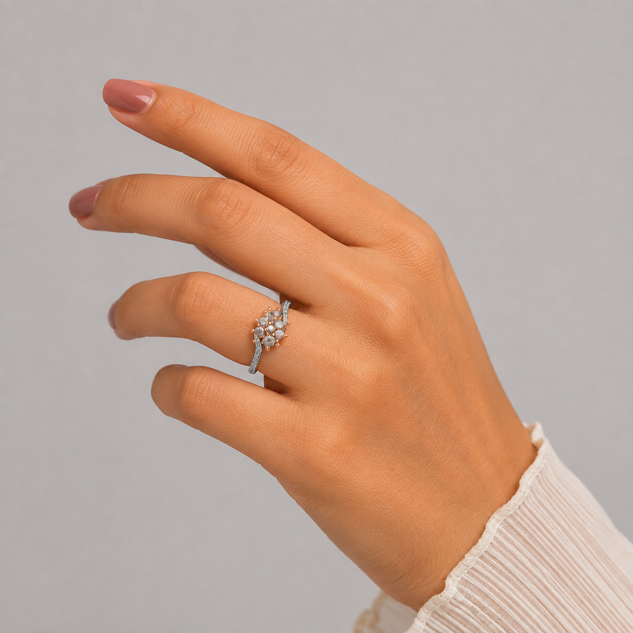 Silver and Rose Gold Wave Cluster Ring