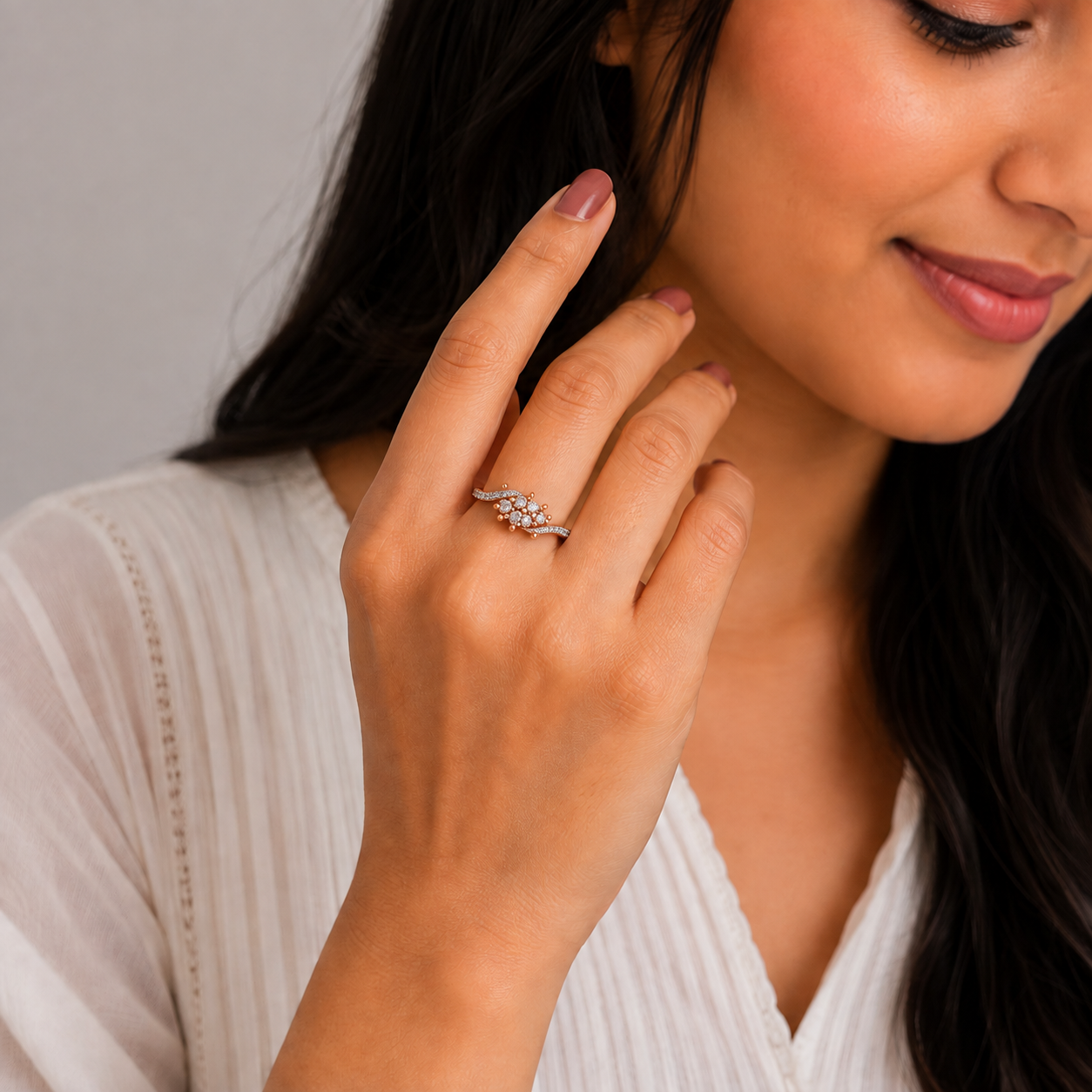 Silver and Rose Gold Wave Cluster Ring