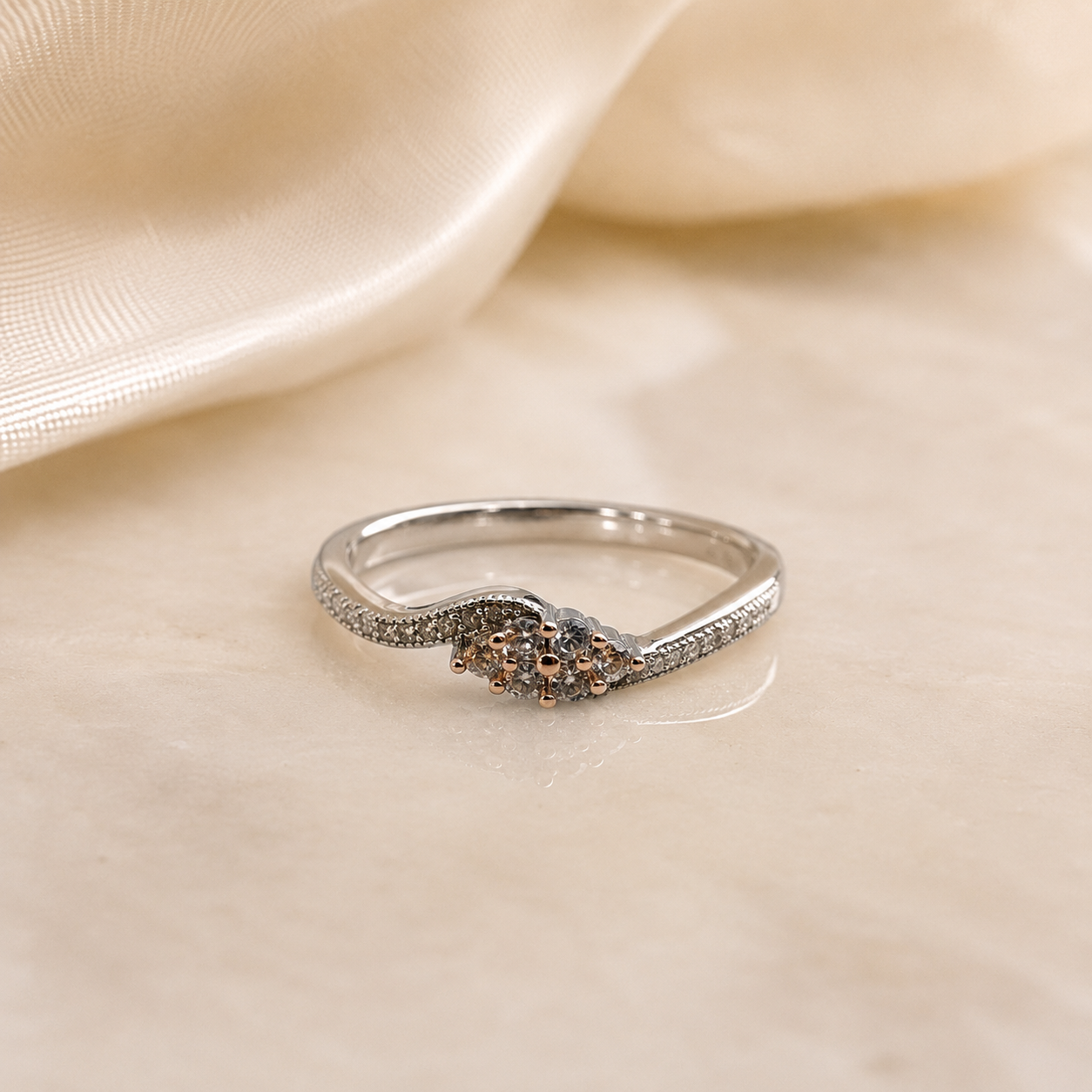 Silver and Rose Gold Wave Cluster Ring