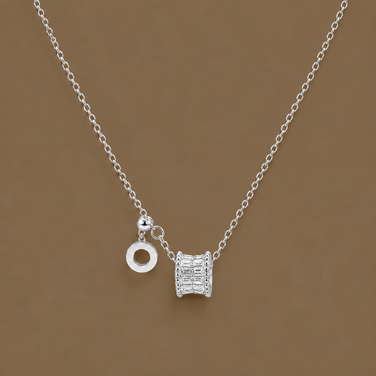 Silver Baguette Barrel Pendant Necklace