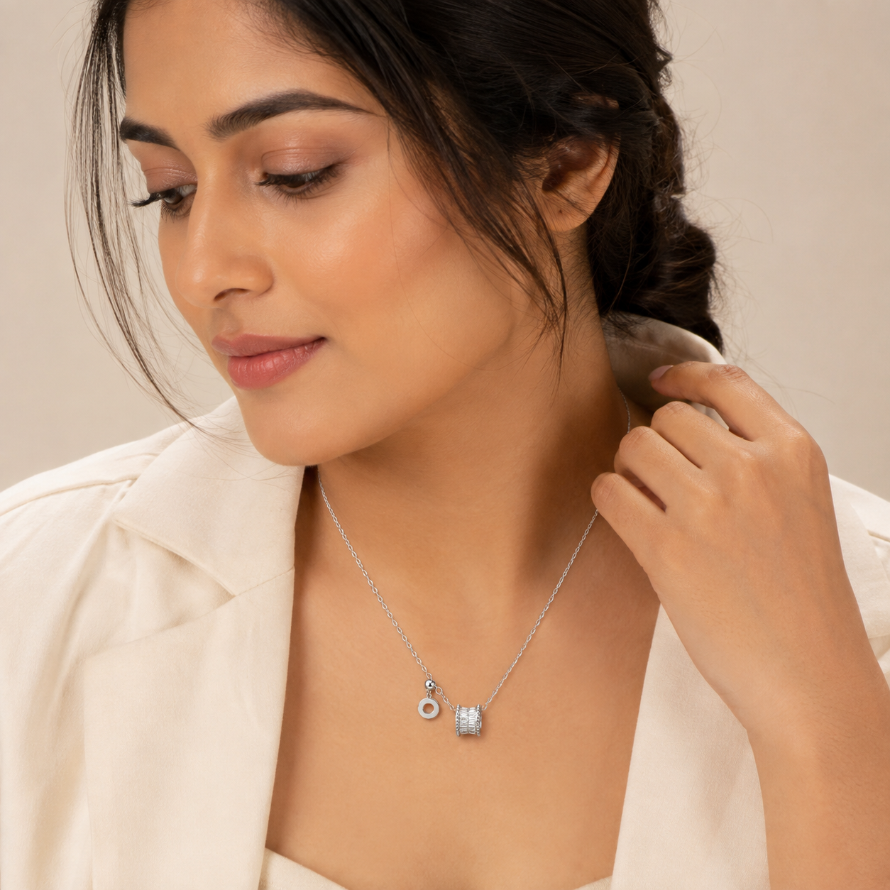 Silver Baguette Barrel Pendant Necklace