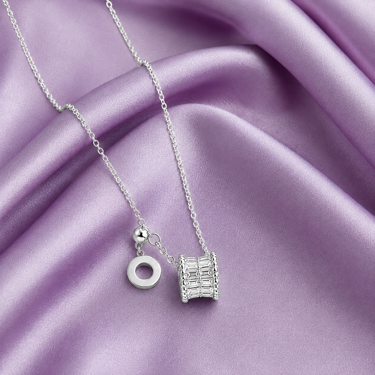 Silver Baguette Barrel Pendant Necklace