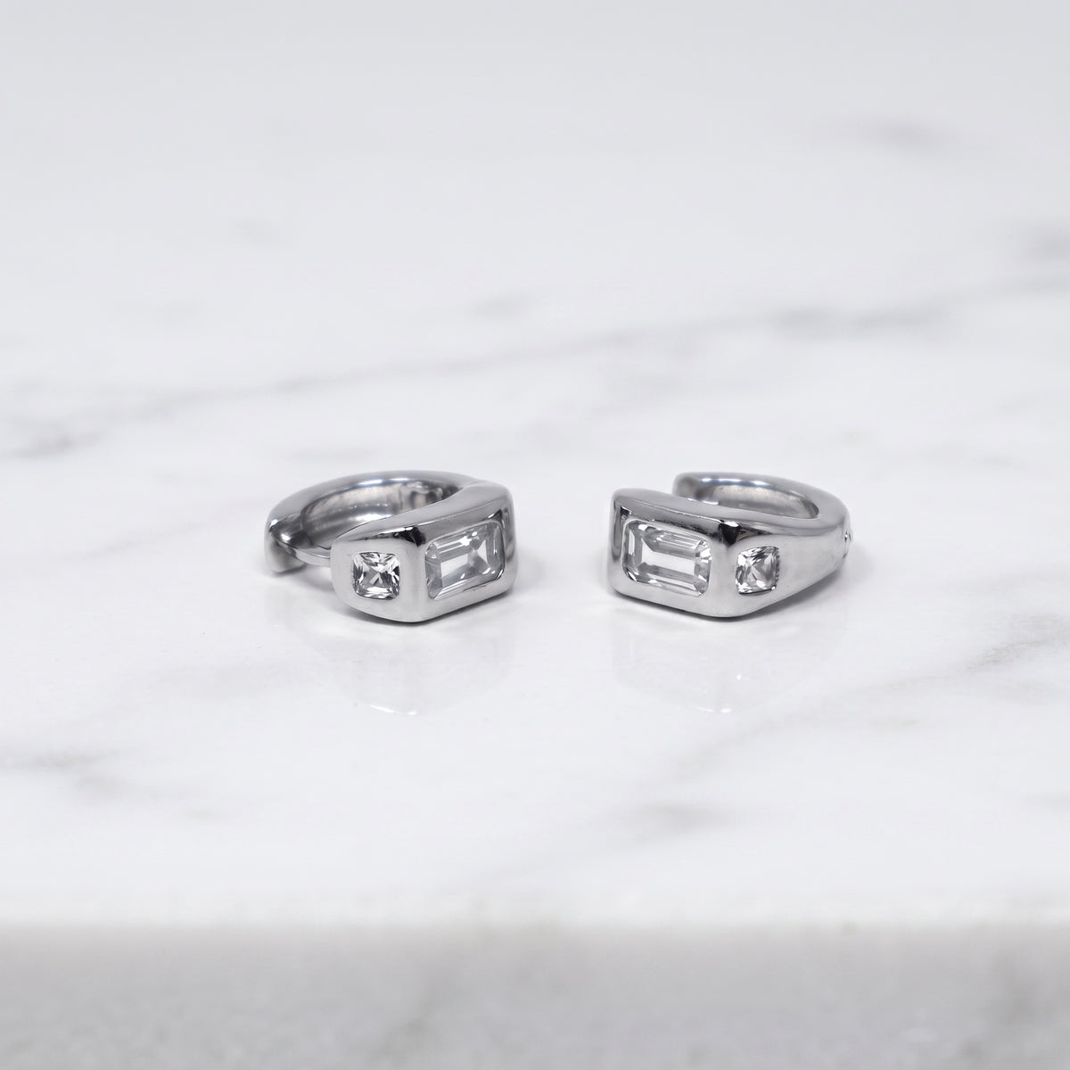 Silver Baguette CZ Huggie Earrings