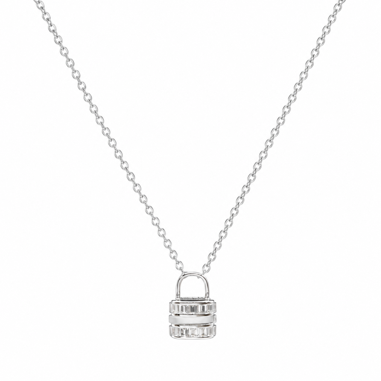 Silver Baguette Padlock Pendant Necklace