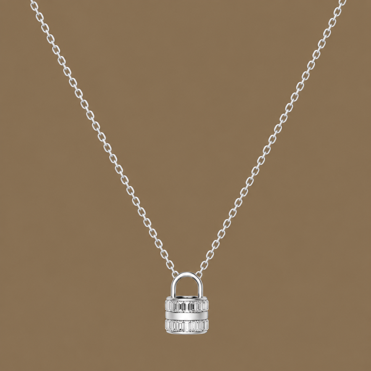 Silver Baguette Padlock Pendant Necklace