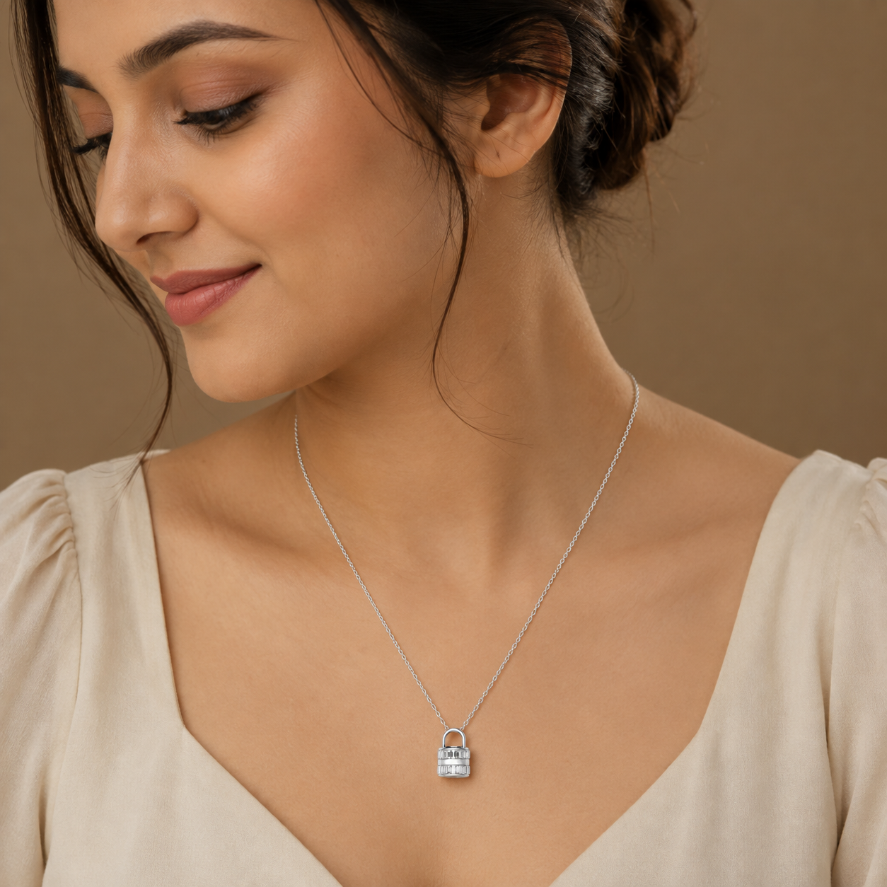 Silver Baguette Padlock Pendant Necklace