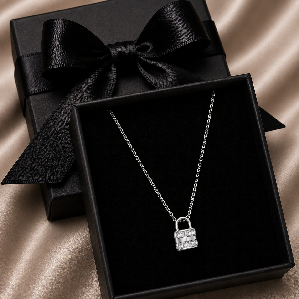 Silver Baguette Padlock Pendant Necklace