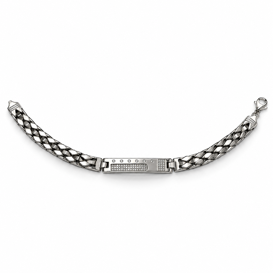 Silver Bezel Dot Pave ID Mens Bracelet