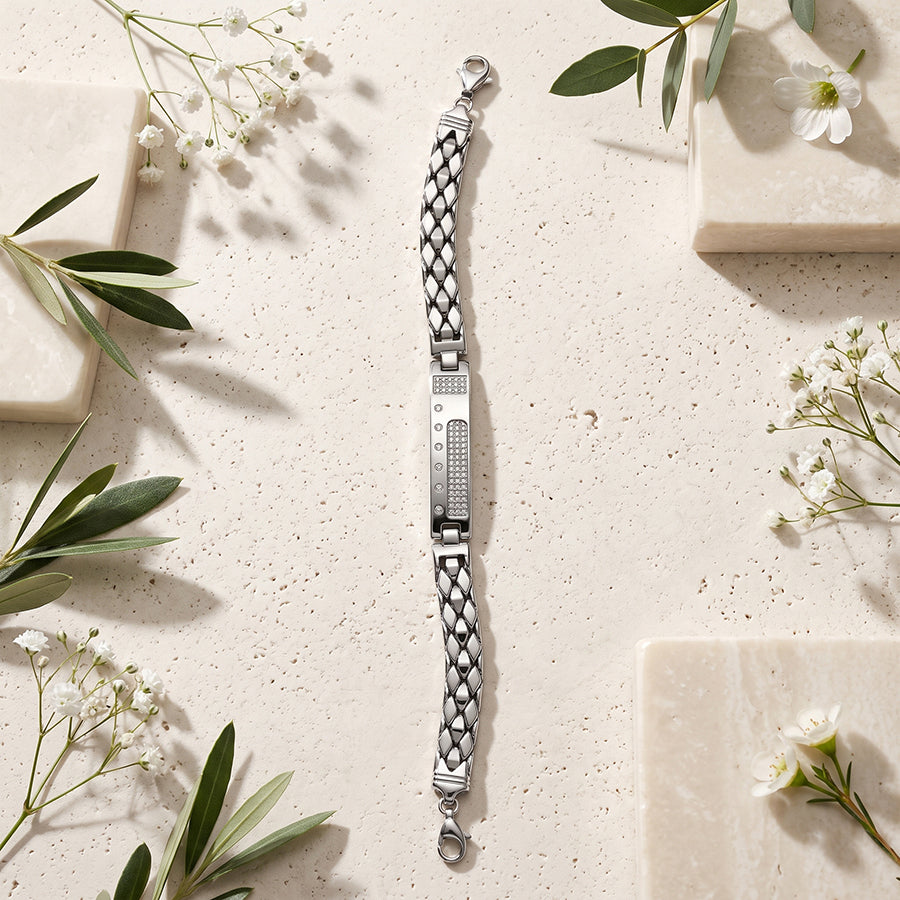 Silver Bezel Dot Pave ID Mens Bracelet