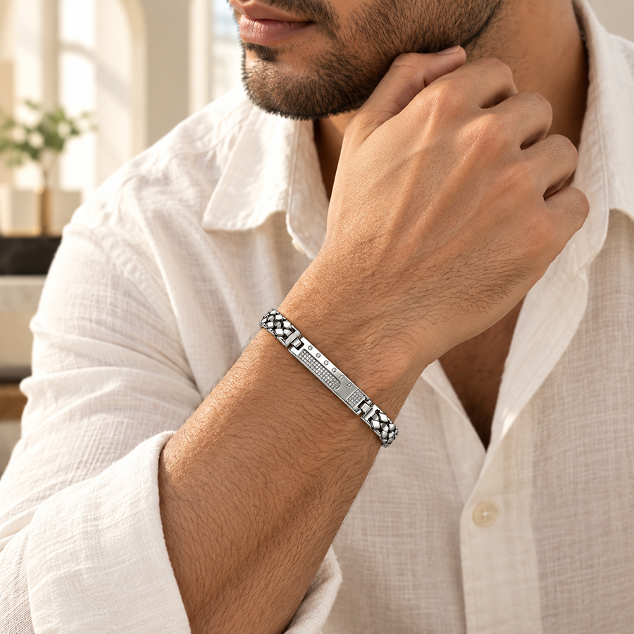 Silver Bezel Dot Pave ID Mens Bracelet