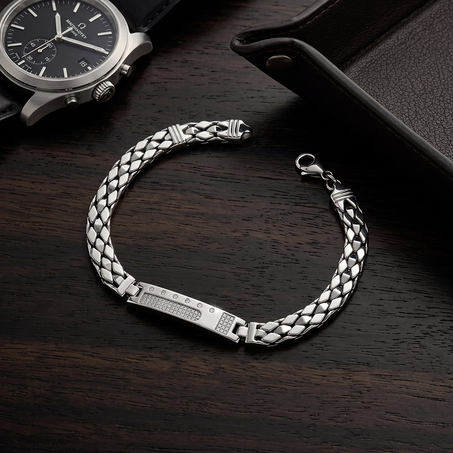 Silver Bezel Dot Pave ID Mens Bracelet
