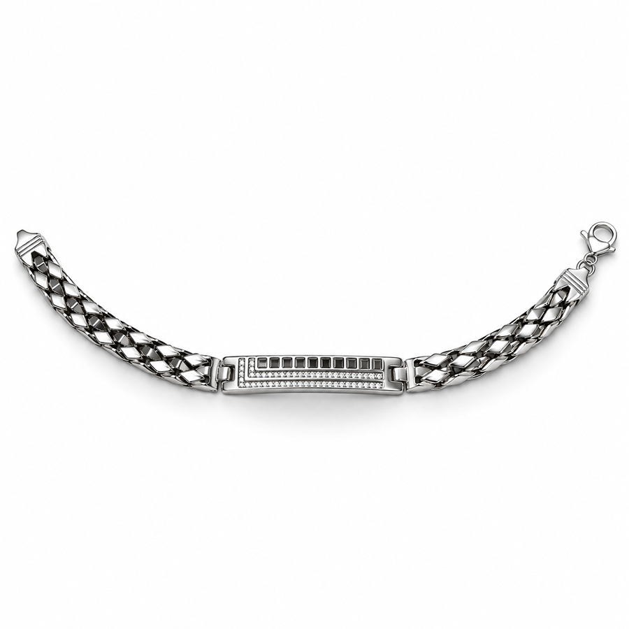Silver Black Baguette Pave ID Mens Bracelet