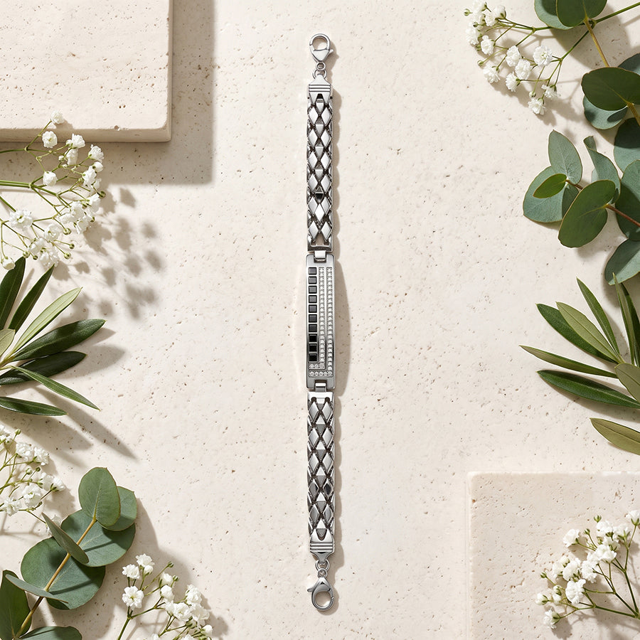 Silver Black Baguette Pave ID Mens Bracelet