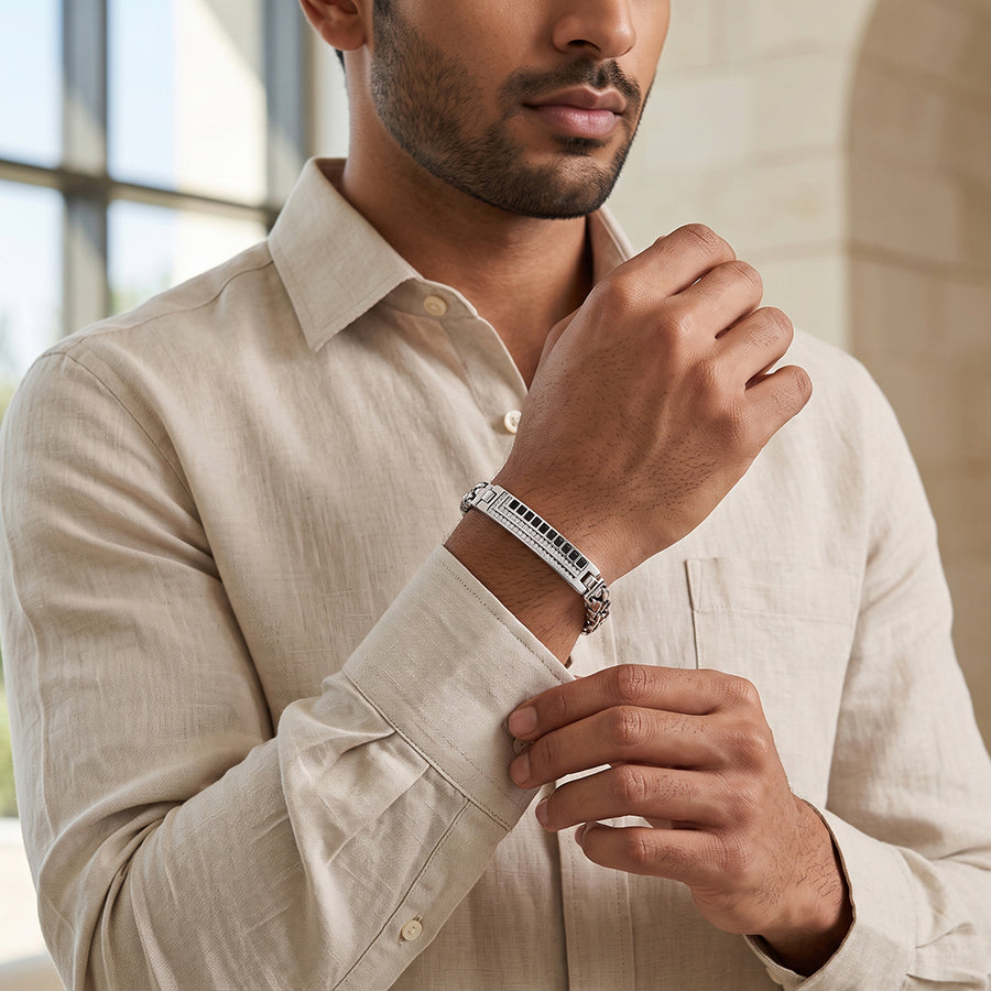 Silver Black Baguette Pave ID Mens Bracelet