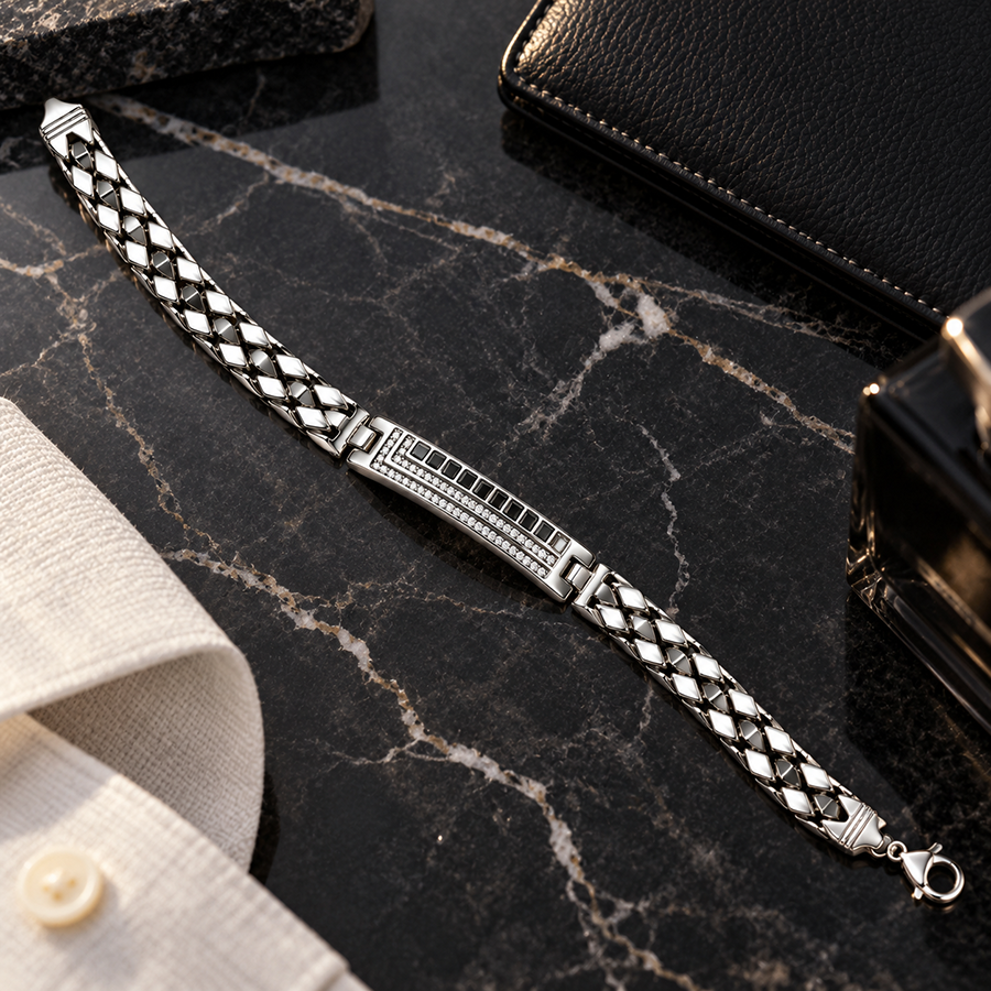 Silver Black Baguette Pave ID Mens Bracelet