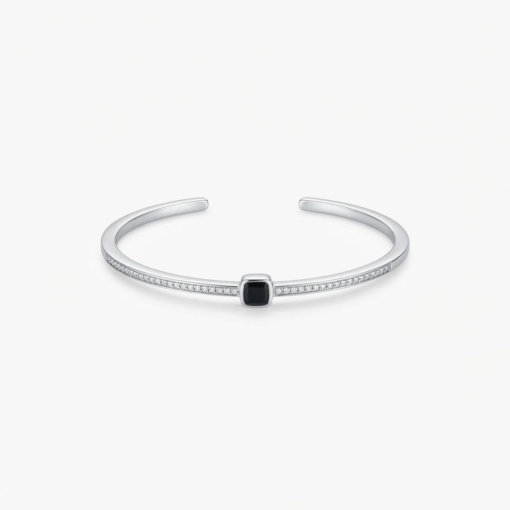 Silver Black Square Stone Pave Cuff Bracelet