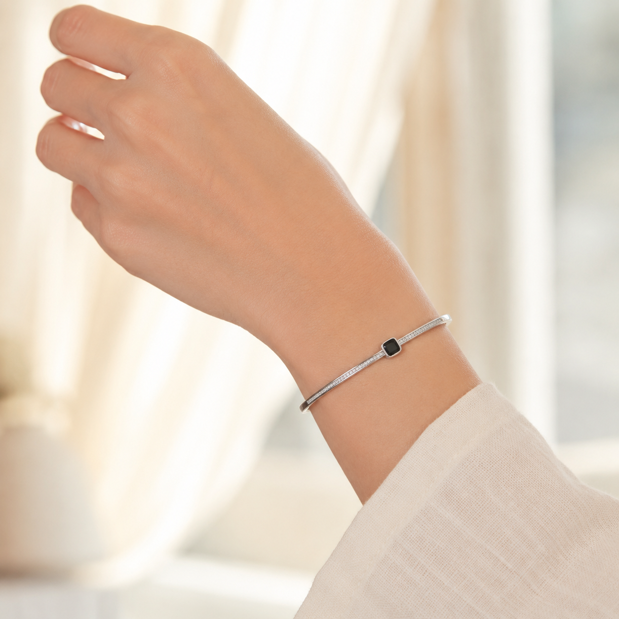 Silver Black Square Stone Pave Cuff Bracelet