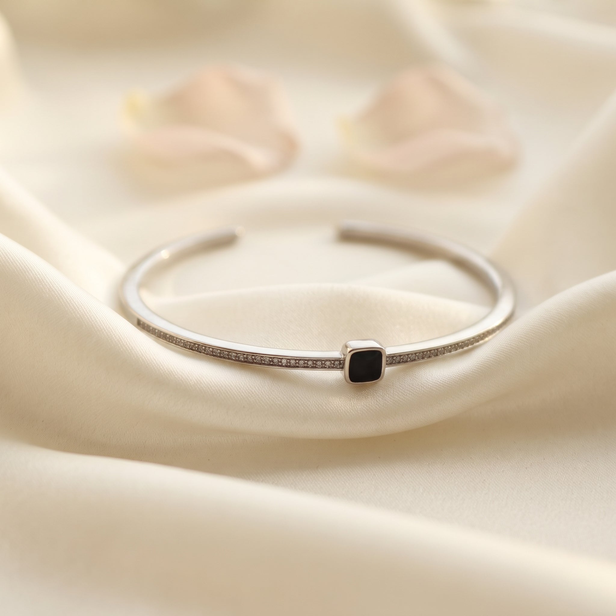 Silver Black Square Stone Pave Cuff Bracelet