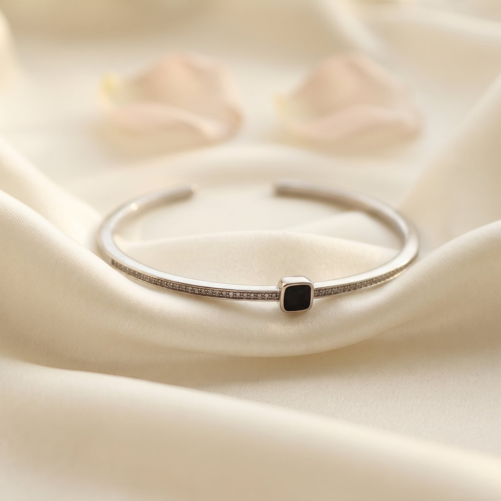 Silver Black Square Stone Pave Cuff Bracelet