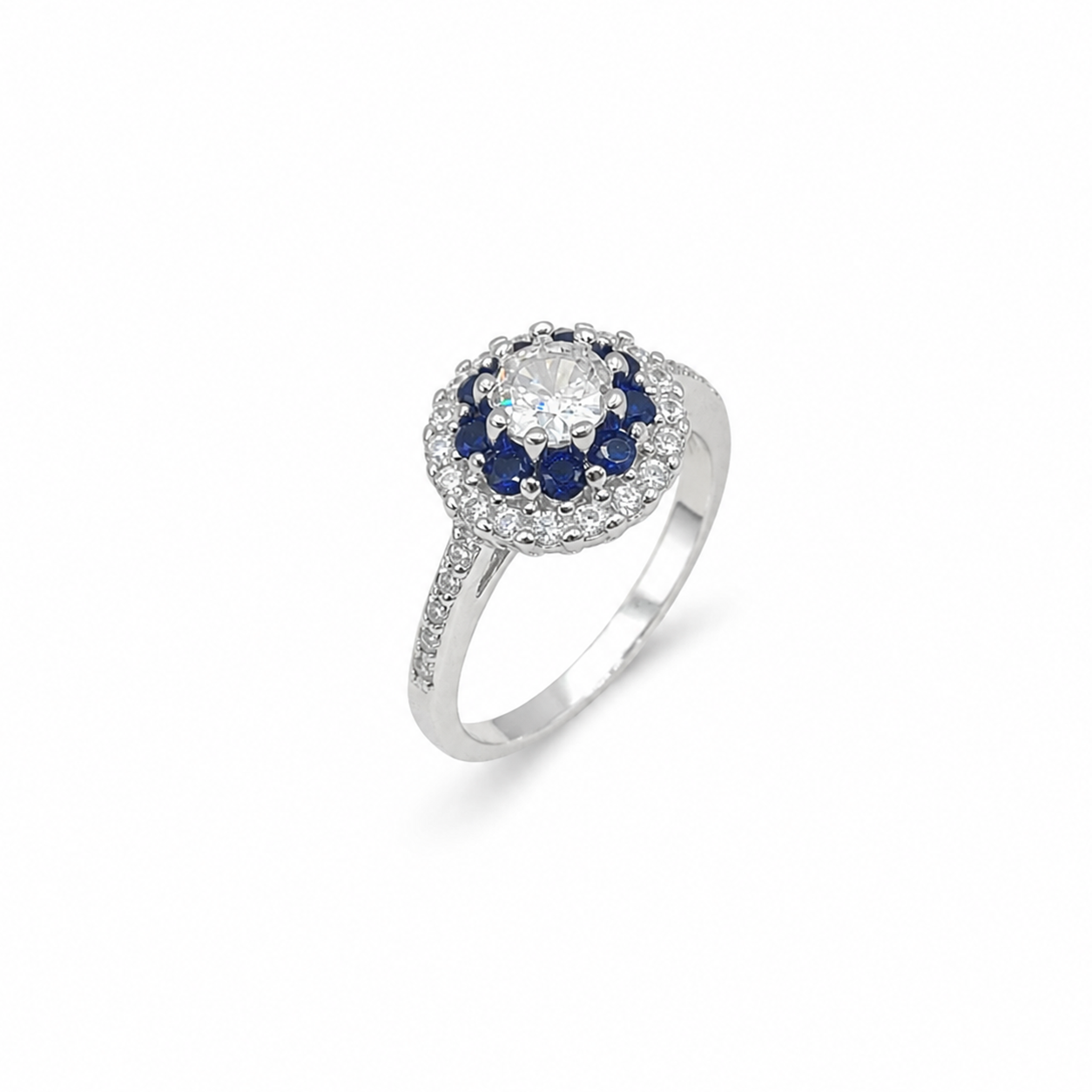 Silver Blue Double Halo Princess Cut Ring