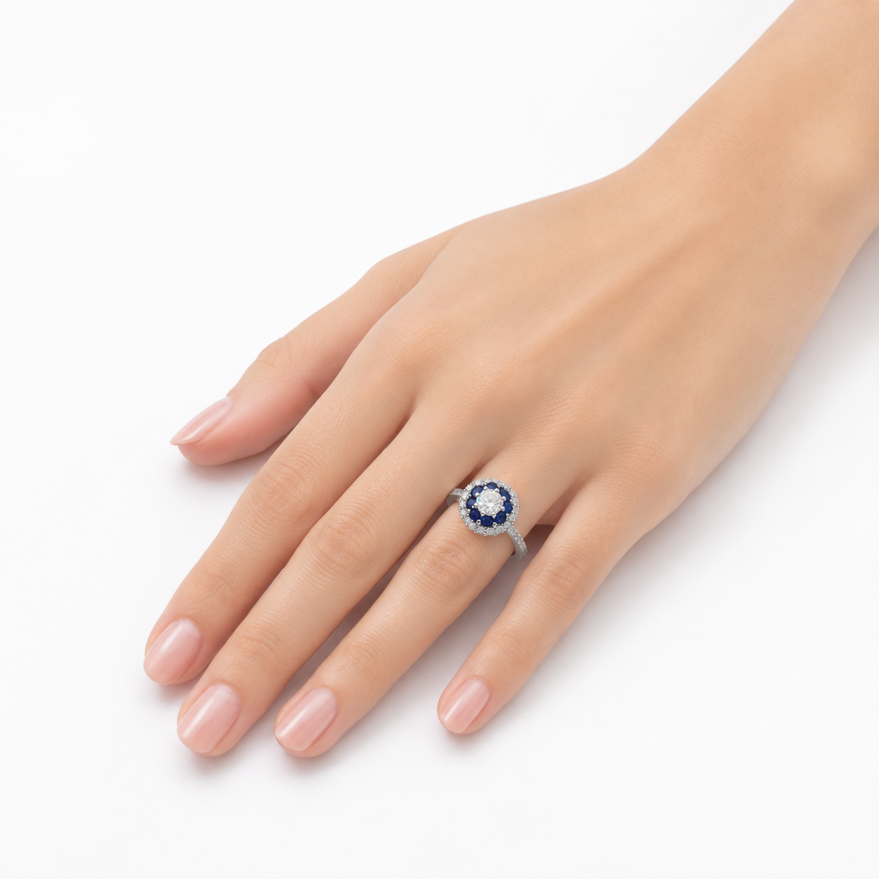 Silver Blue Double Halo Princess Cut Ring