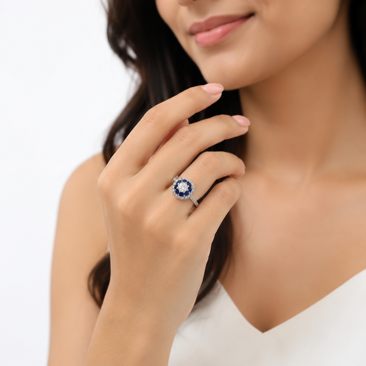 Silver Blue Double Halo Princess Cut Ring