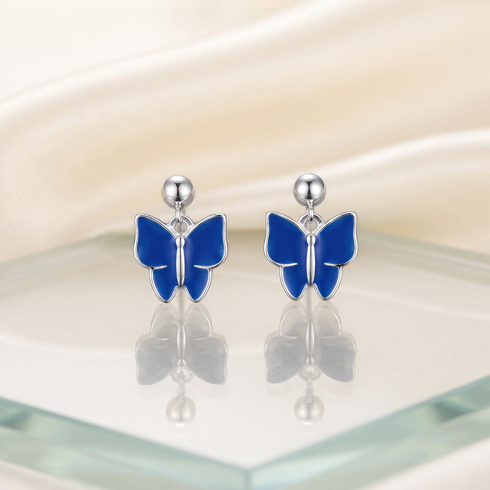 Silver Blue Enamel Butterfly Drop Earrings