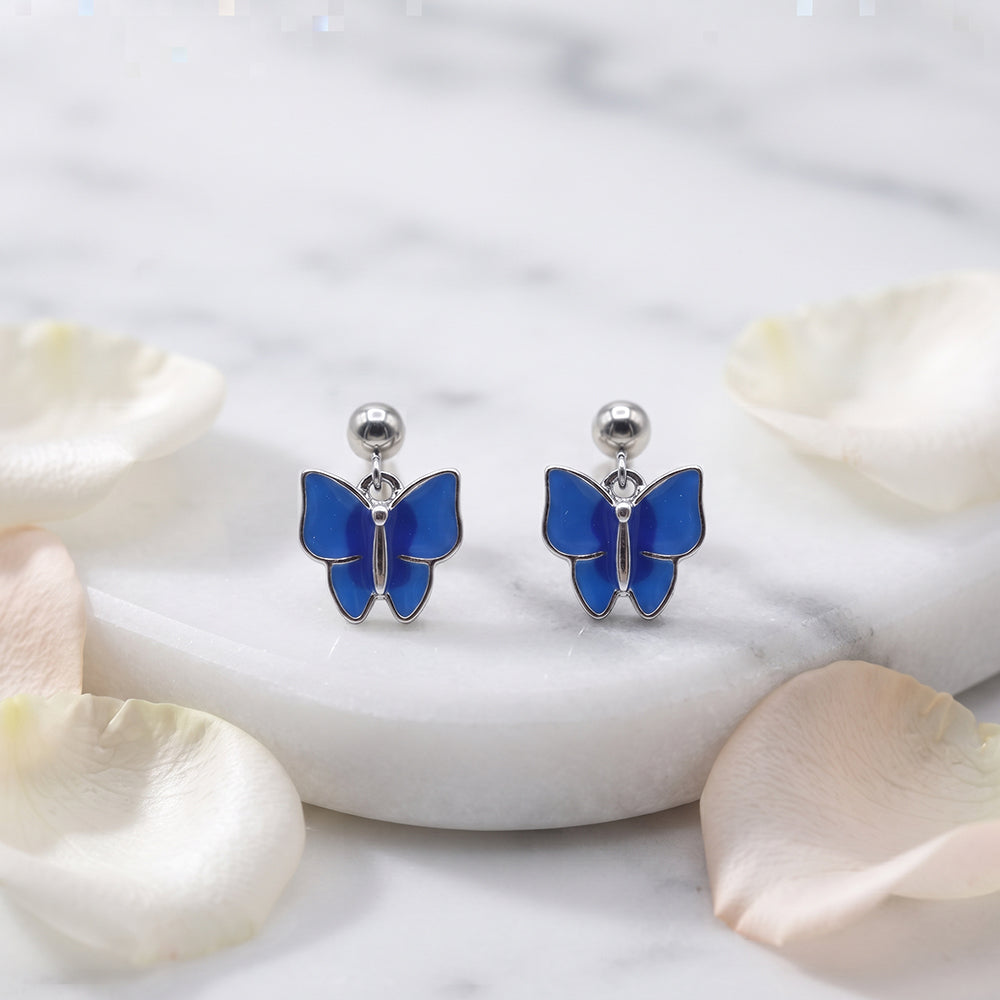 Silver Blue Enamel Butterfly Drop Earrings