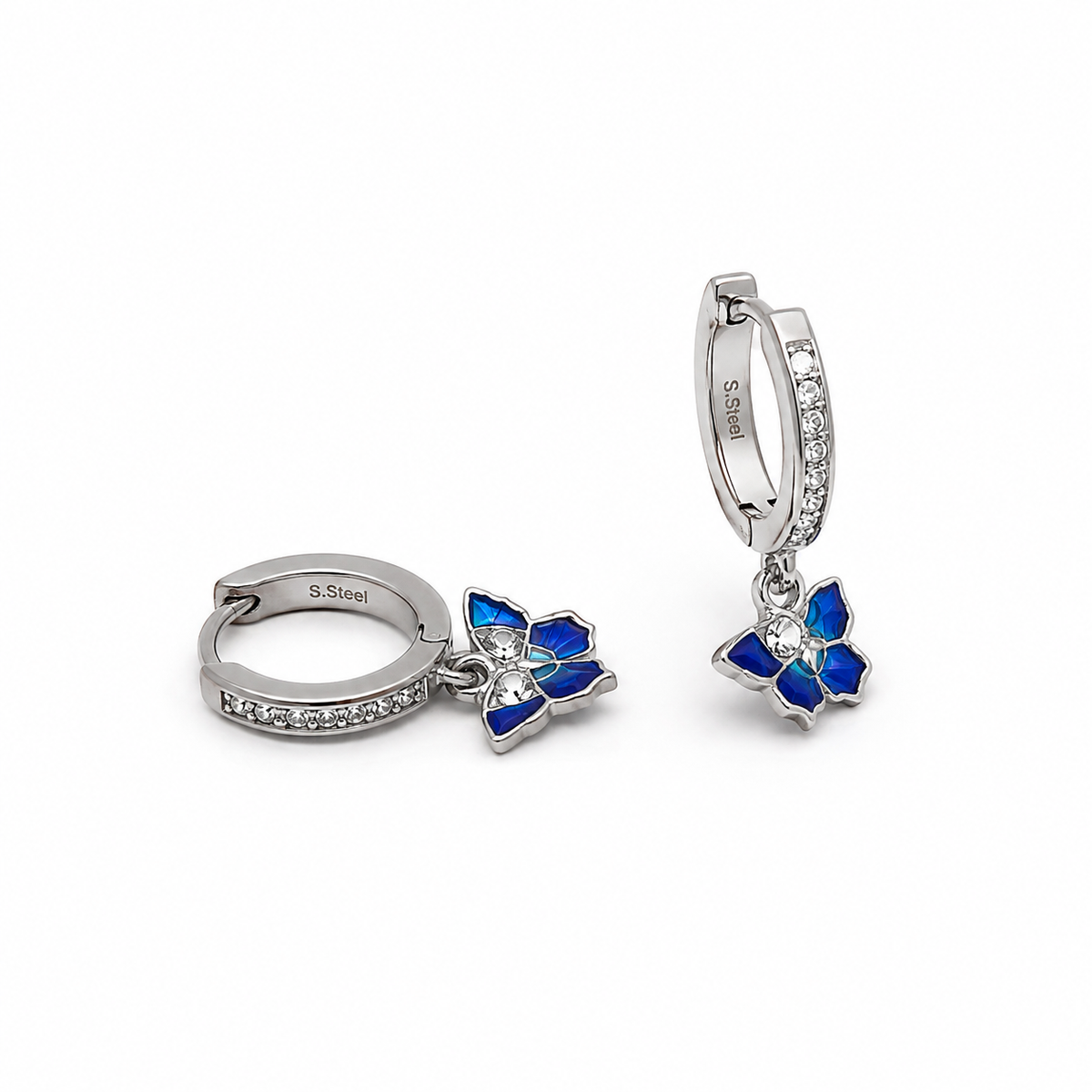 Silver Blue Enamel CZ Butterfly Huggie Drop Earrings with blue enamel butterfly charms and CZ-set huggie hoops