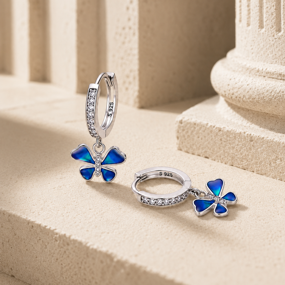 Silver Blue Enamel Flower Drop Earrings