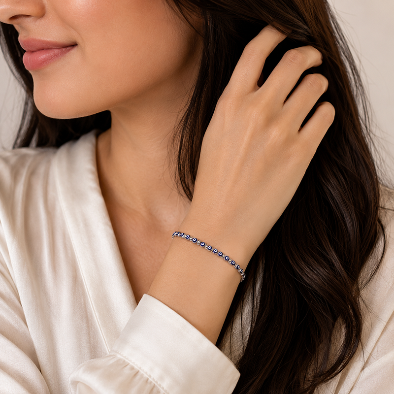 Silver blue evil eye beaded bracelet in 925 sterling silver