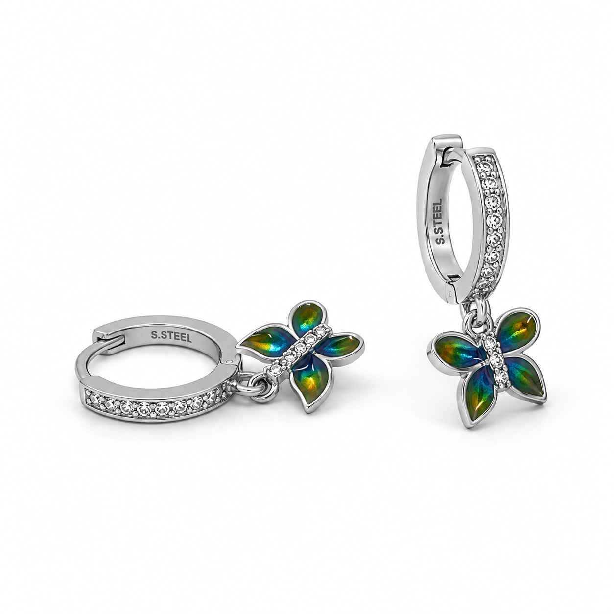 Silver Blue Green Opal Butterfly Drop Huggie Earrings_01