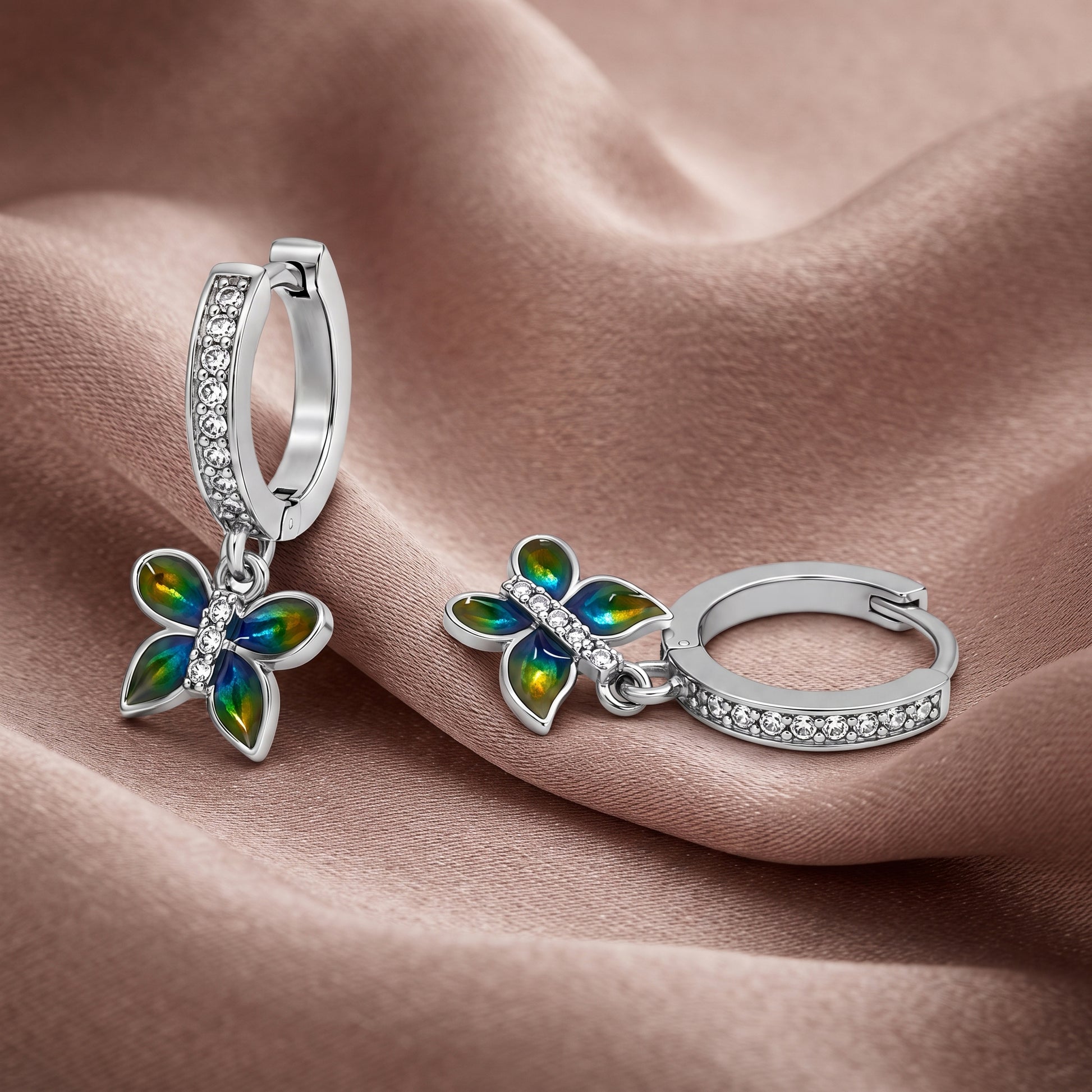 Silver Blue Green Opal Butterfly Drop Huggie Earrings_02