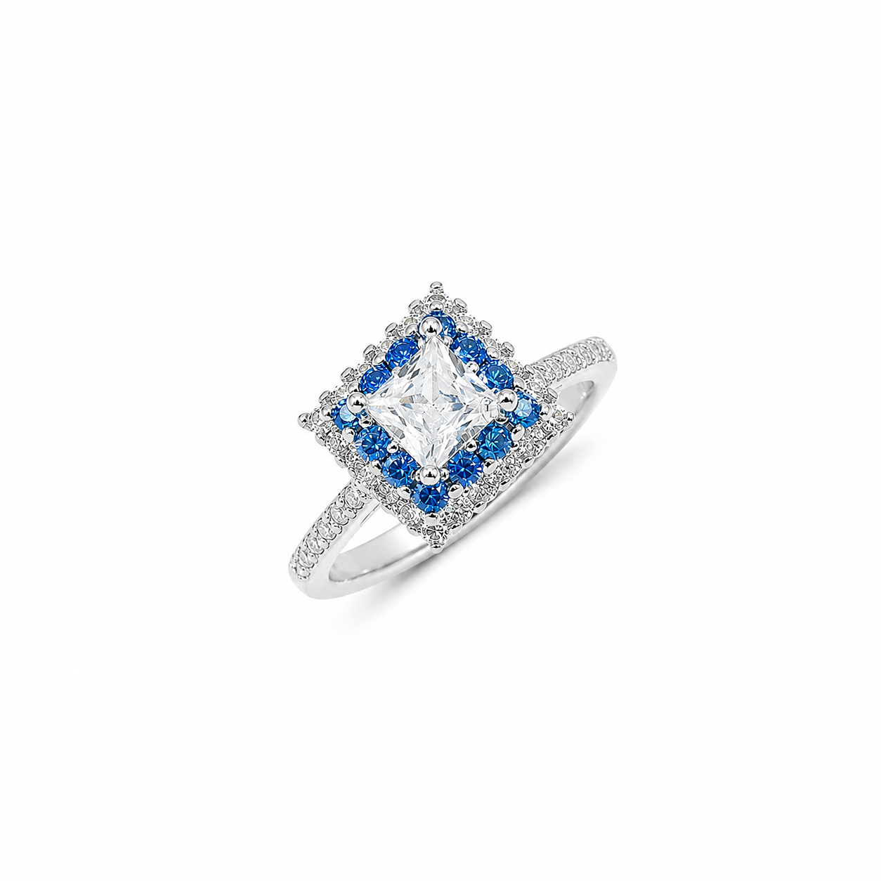 Silver Blue Halo Princess Cut Ring