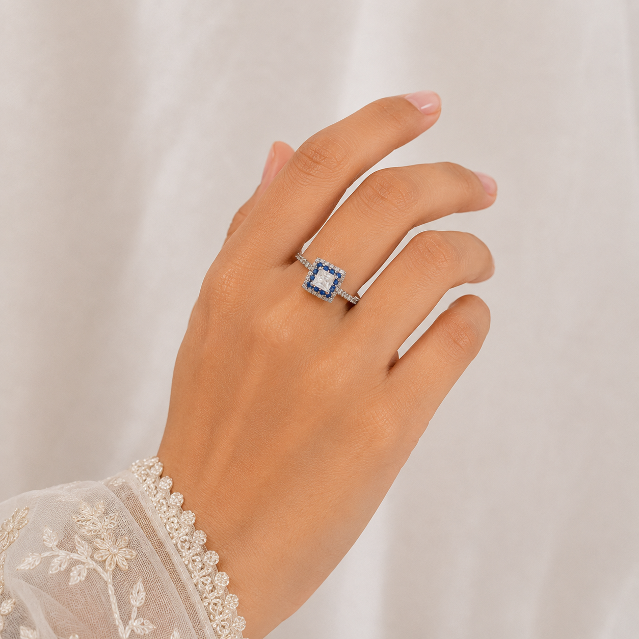 Silver Blue Halo Princess Cut Ring
