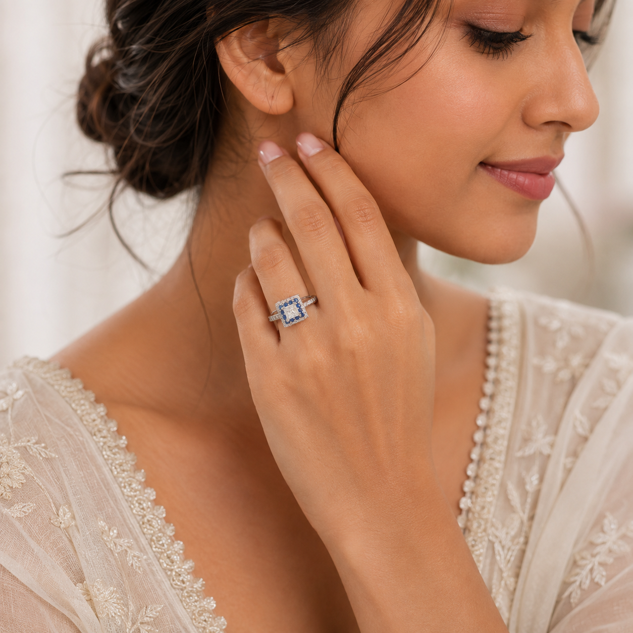 Silver Blue Halo Princess Cut Ring