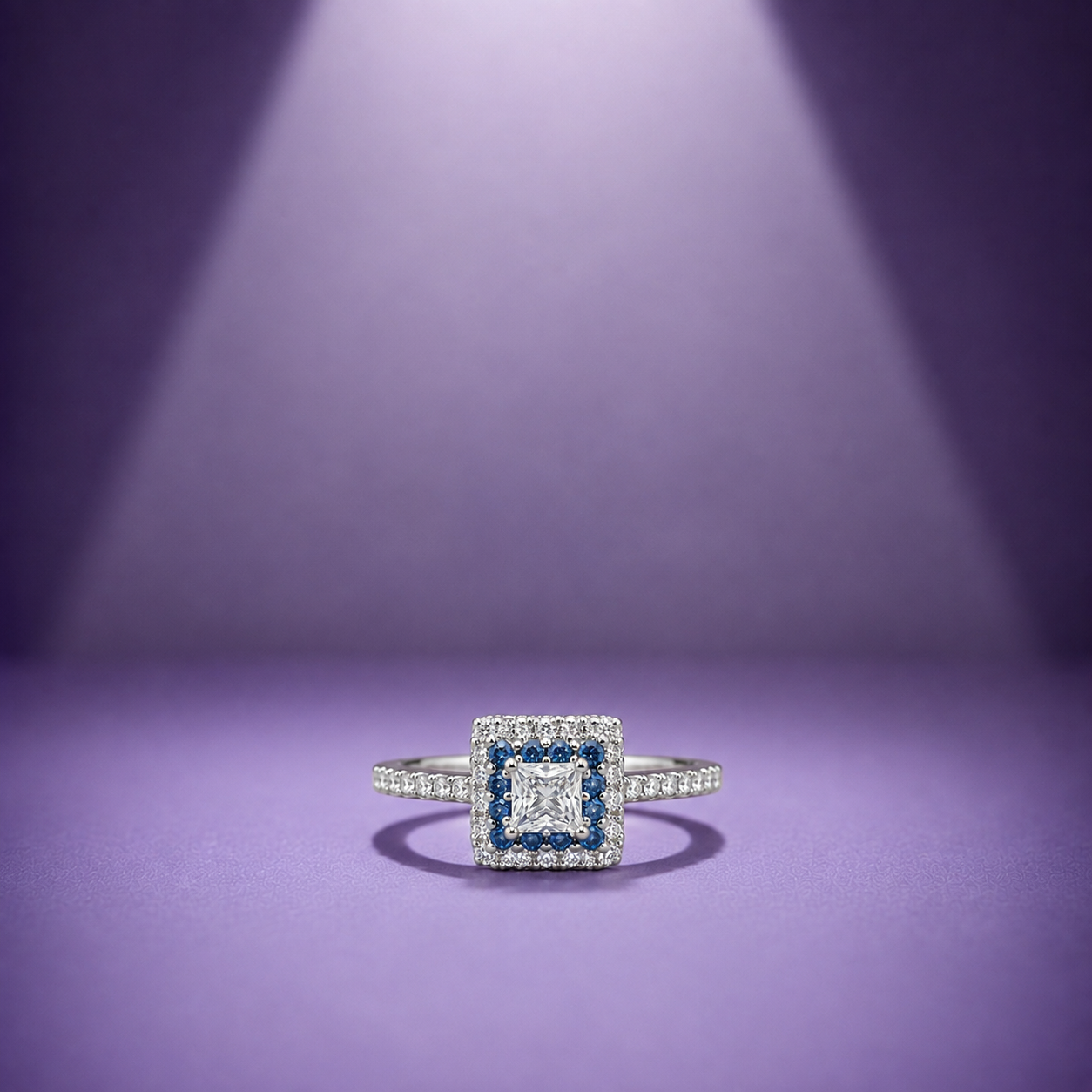 Silver Blue Halo Princess Cut Ring