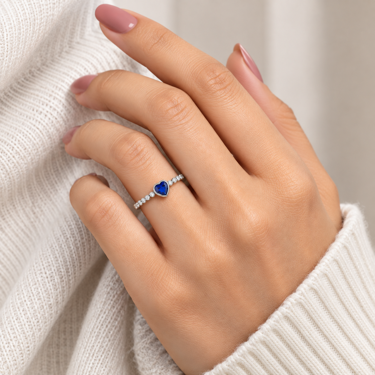 Silver Blue Heart Slim Band Ring