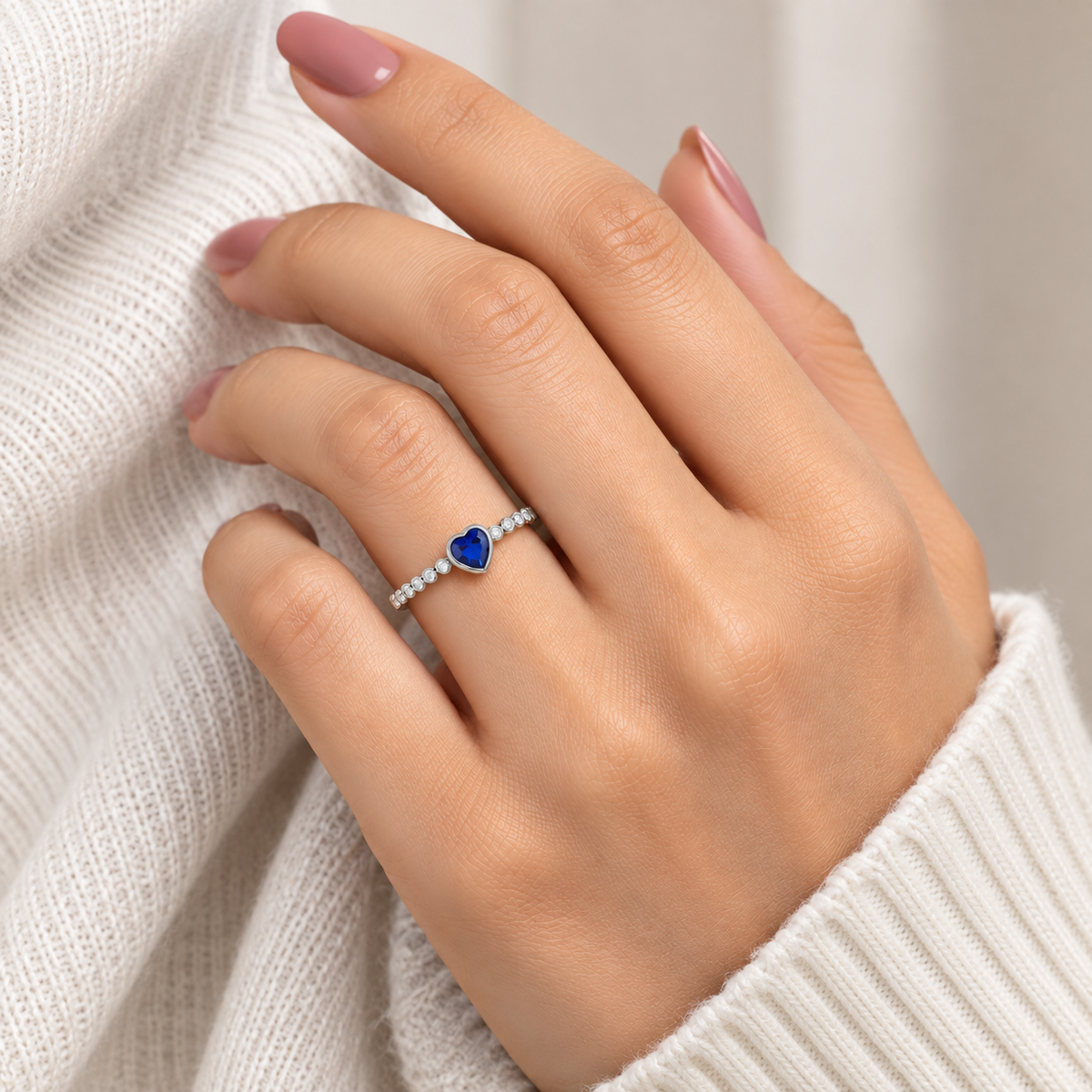 Silver Blue Heart Slim Band Ring