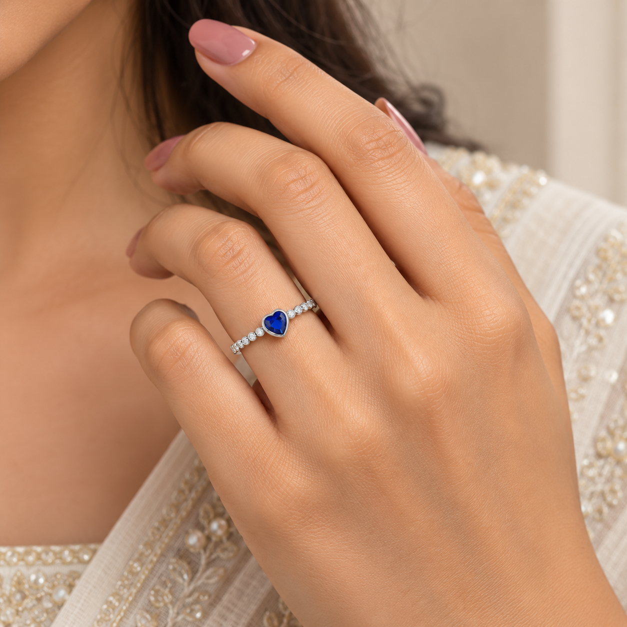 Silver Blue Heart Slim Band Ring