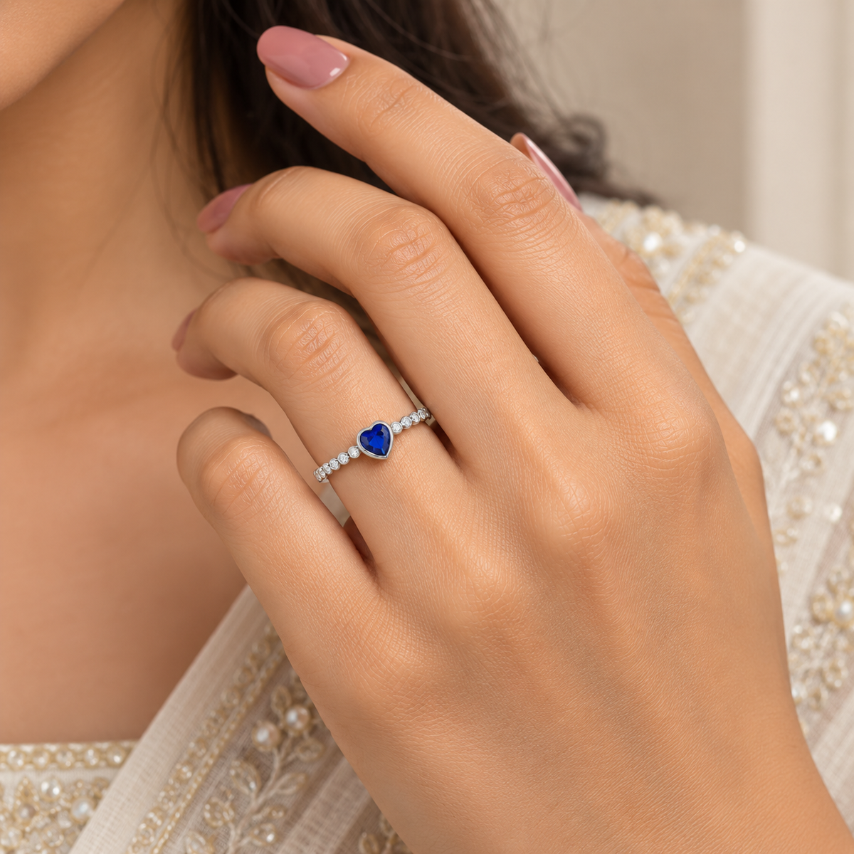 Silver Blue Heart Slim Band Ring
