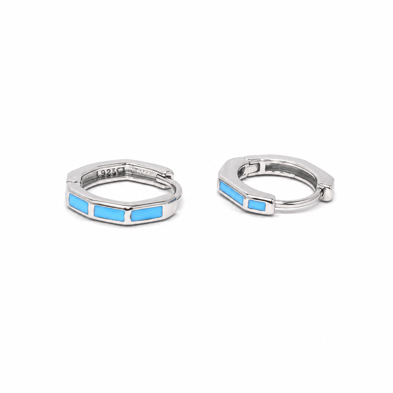 Silver Turquoise Hexagon Huggie Earrings_01