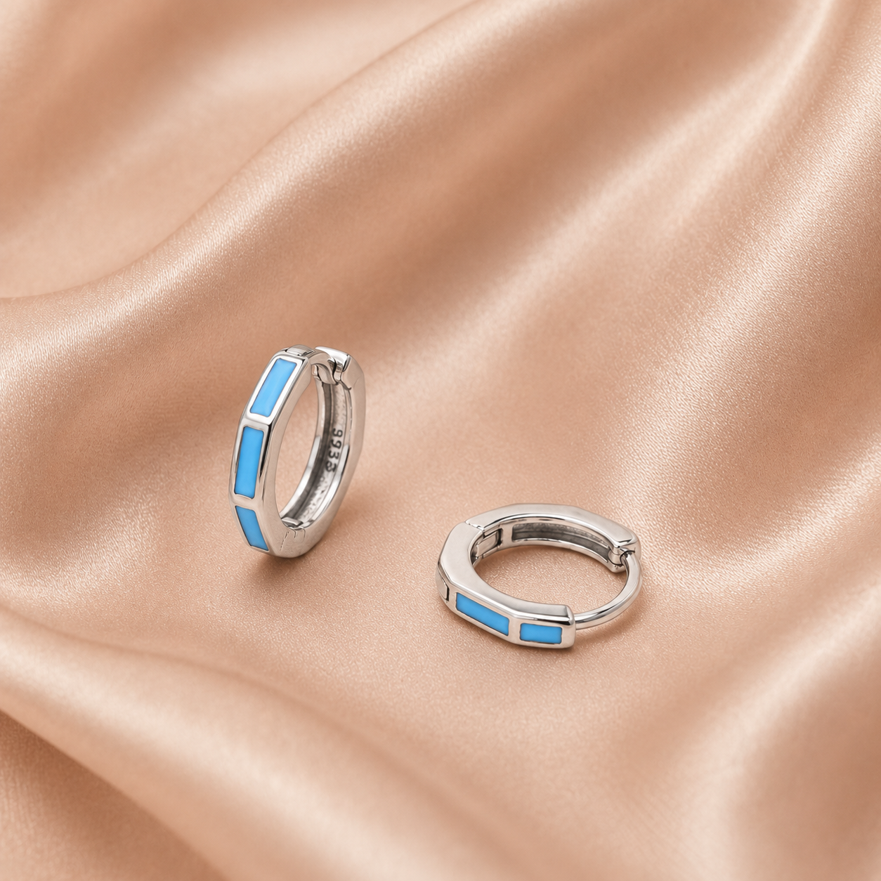 Silver Turquoise Hexagon Huggie Earrings_02