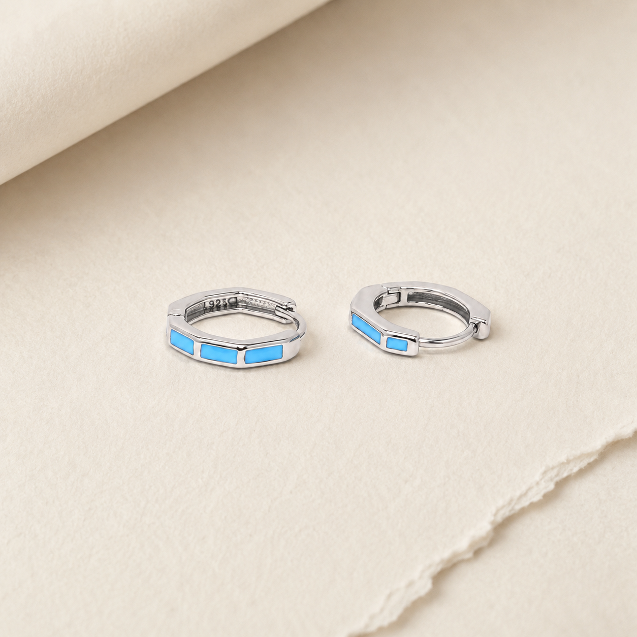Silver Turquoise Hexagon Huggie Earrings_04